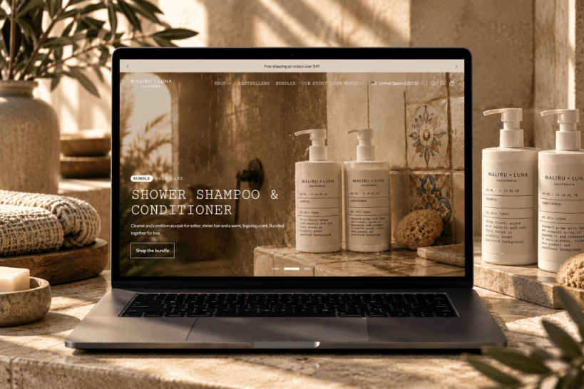 Laptop on a stone bath vanity showing the Malibu + Luna Shopify storefront: product photography, bottles on a tiled shower ledge, and a Shop button