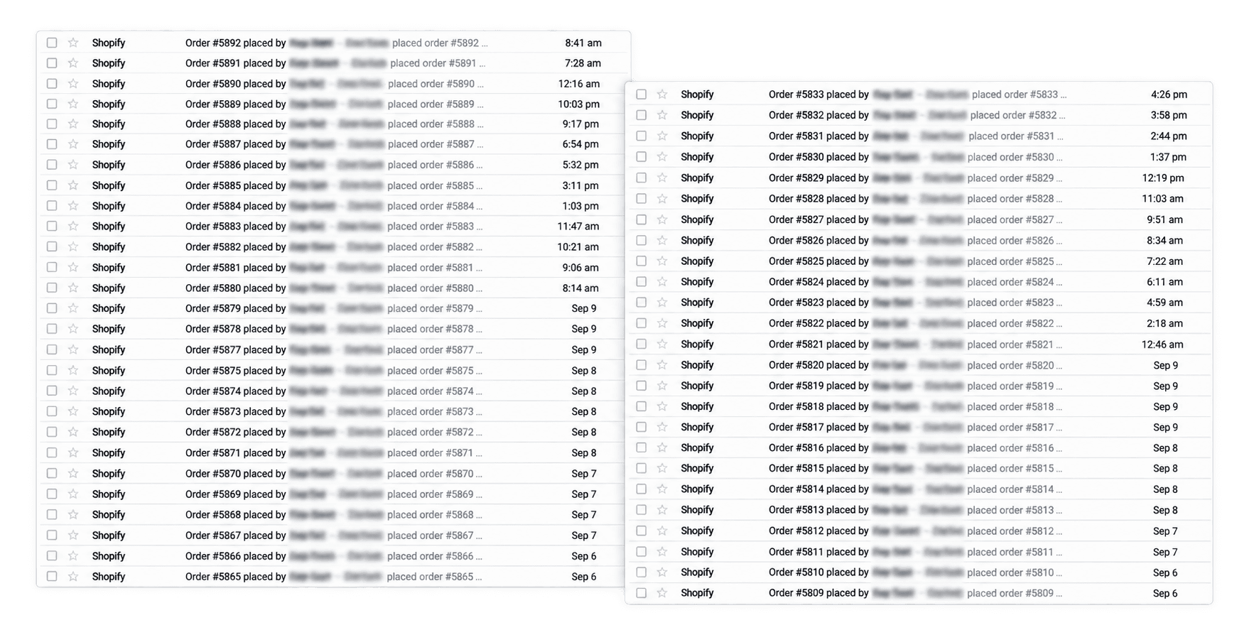 Gmail inbox filled with Shopify order confirmation emails