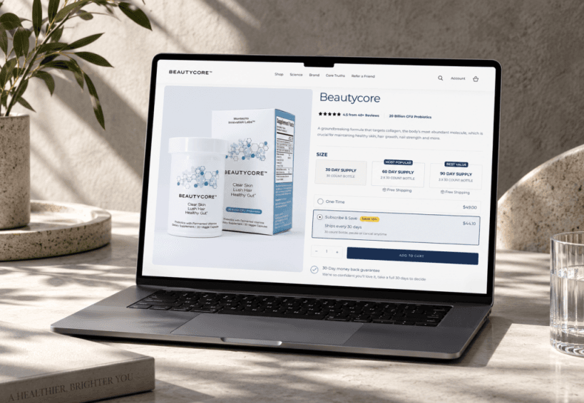 Laptop on a stone desk showing the BeautyCore probiotic product page: bottle and box, 30/60/90-day supplies, Subscribe & Save, and Add to Cart